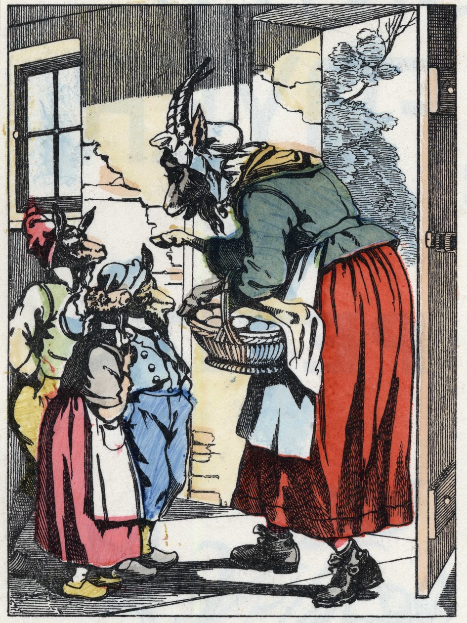 La mère chèvre part en promenade et avertit ses biquets. Illustration du conte « Compère le Loup, Maître Renard, Commère la Chèvre et ses petits biquets » d