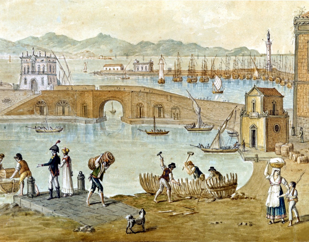 Le port de Naples et Santa Lucia vers 1800 : les voyageurs se préparent à partir et les charpentiers construisent un bateau. Aquarelle. - Unknown artist