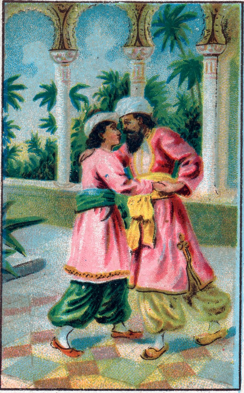 Le retour du prince. Conte « Histoire du cheval enchanté » dans « Les mille et une nuits ». Chromolithographie de la fin du XIXe siècle. - Unknown artist