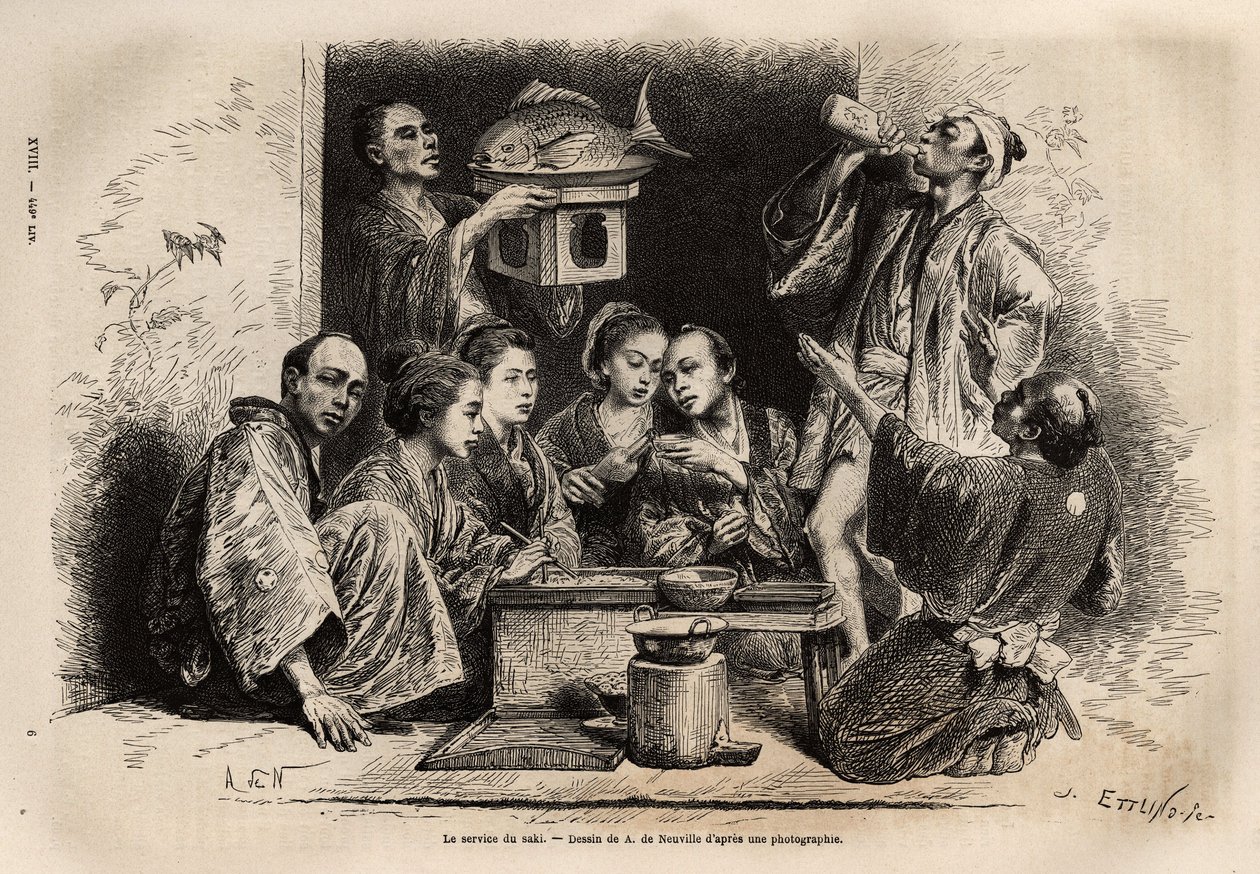 Le service du saké, ce qui est le plus cérémonial dans les banquets, le saké est apporté dans de grands pots laqués ou des cruches en bronze, placés sur une barre de bambou, chauffés dans un bain-marie dans des bouteilles en porcelaine ; les coupes de maté - Unknown artist