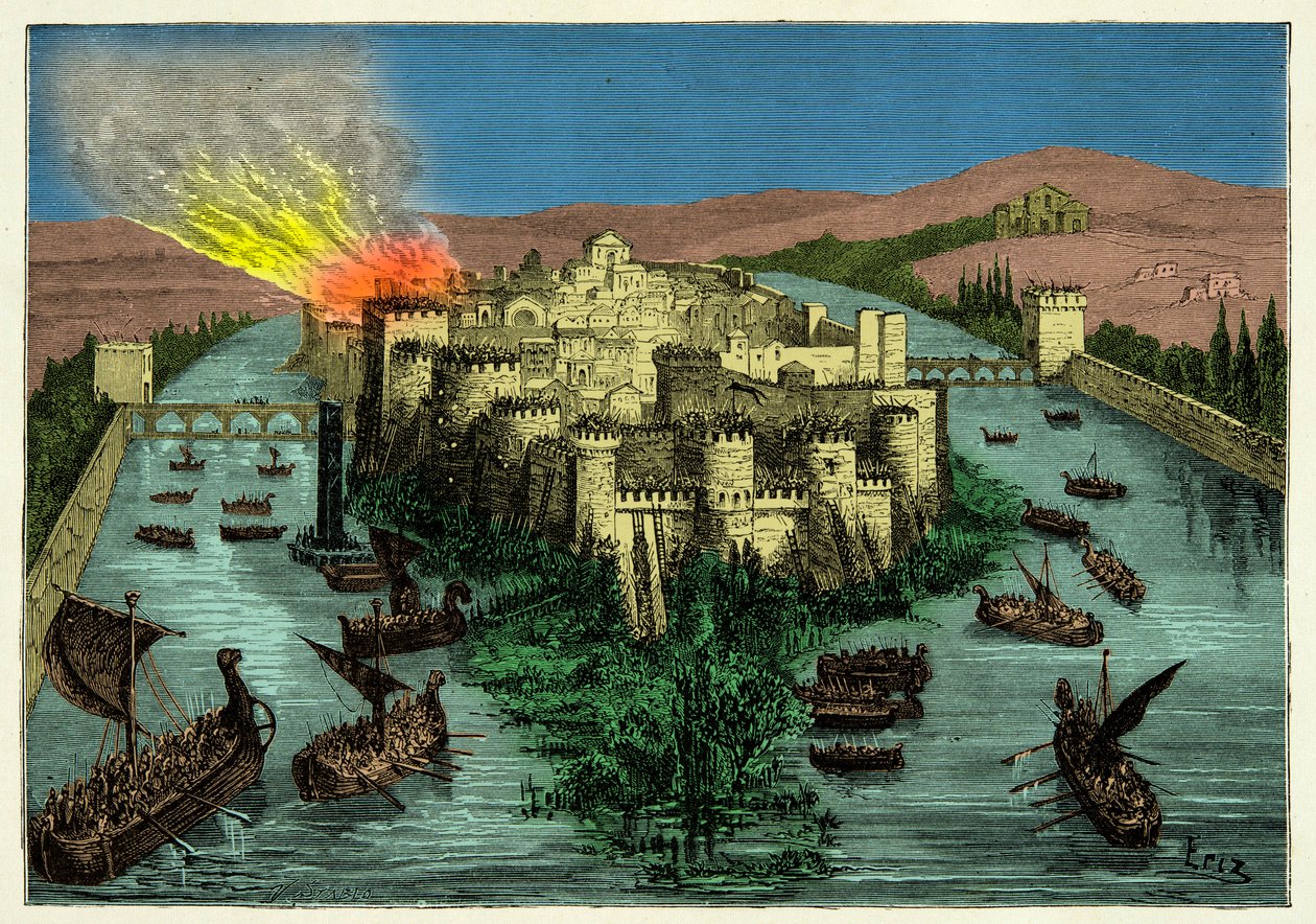 Le siège de Paris en 845 par les Vikings avec Ragnar Lodbrok à leur tête, Gravure 19ème siècle - Unknown artist