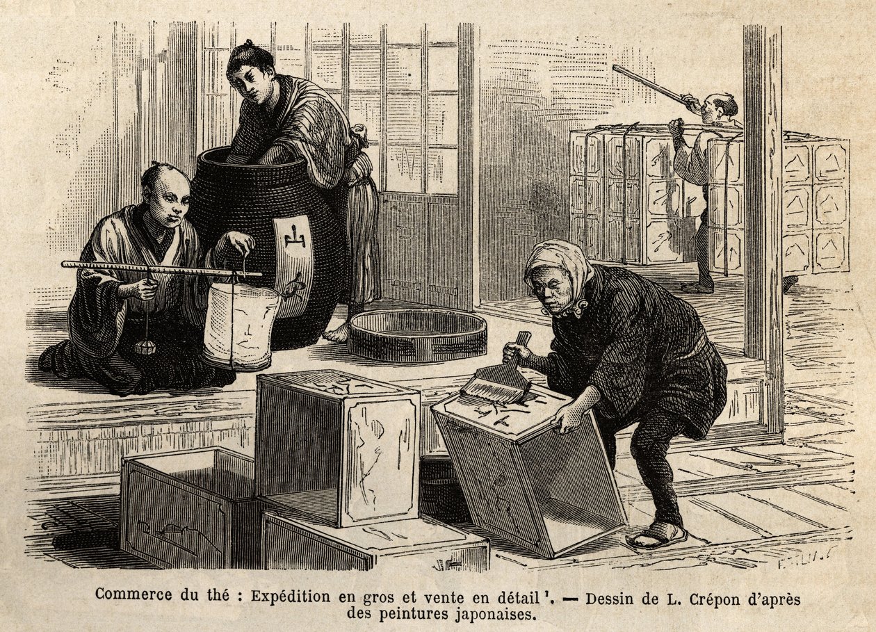 Le commerce du thé : expédition en gros et au détail. Gravure pour illustrer le voyage au Japon, par Aimé Humbert, ministre de la Confédération suisse, en 1863-1864, publié dans « Le tour du monde » 1869, édité par Edouard Charton, édition Hachette, Paris - Unknown artist