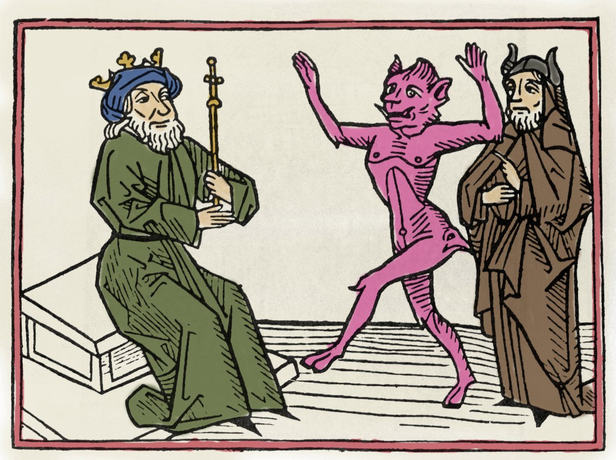 Le procès de Belial : « Le démon Belial danse devant le juge Salomon » Gravure de « Le procès de Belial » par Jacobus de Teramo (ou Palladino), Ausburg - Unknown artist
