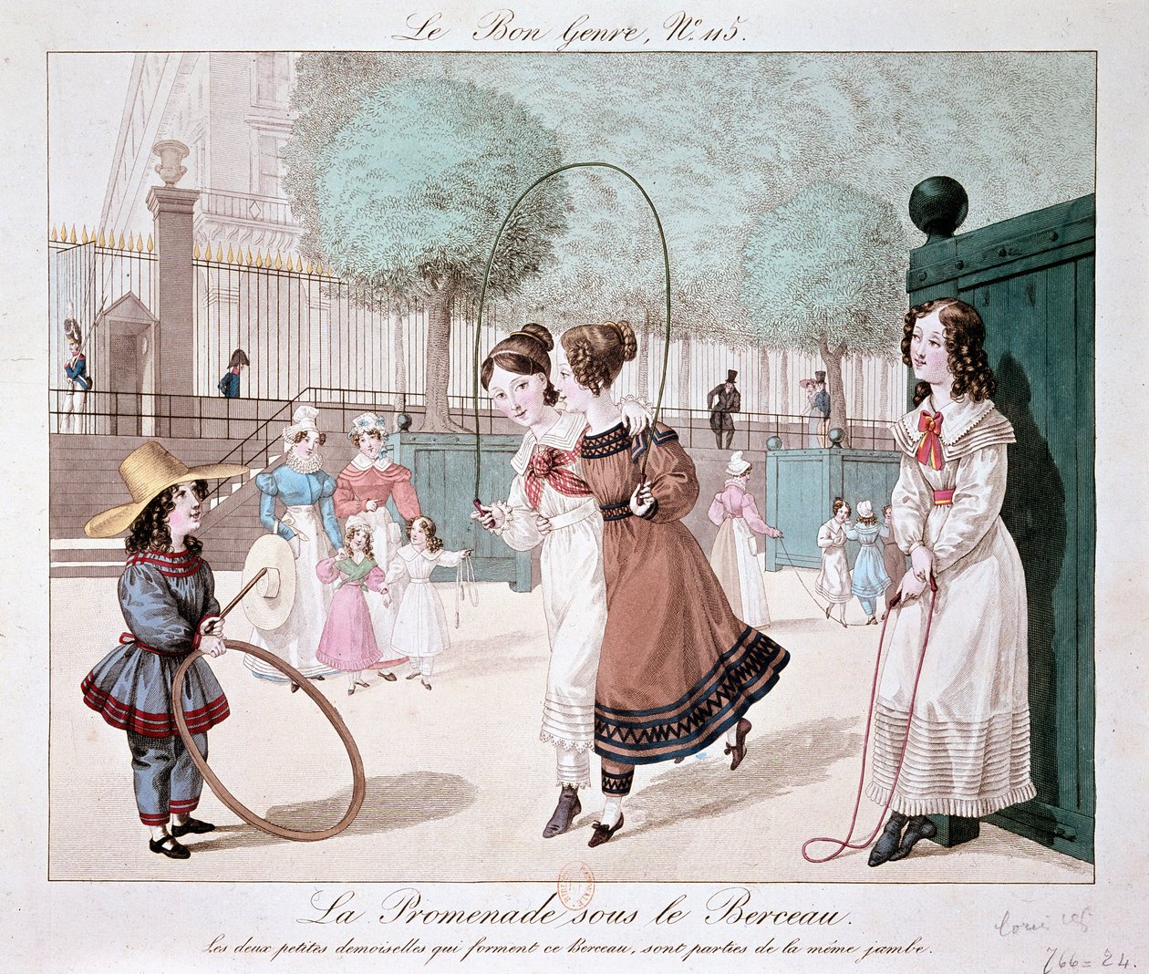 La promenade sous le Berceau : Les deux petites dames qui forment ce Berceau, sont de la même jambe (Jardin des Tuileries), vers 1840 - Unknown artist