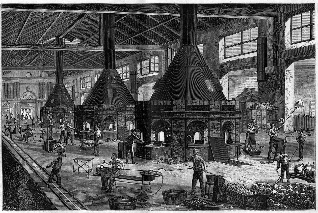 Toute la verrerie des frères Appert, montrant le travail du nouveau procédé de soufflage du verre par air comprimé. - Unknown artist