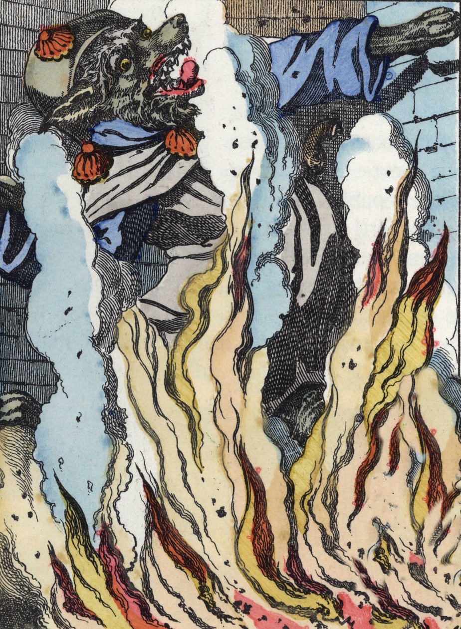 Le loup tombe dans le feu de la cheminée. Illustration du conte "Compère le Loup, Maître Renard, Commère la Chèvre et ses petits biquets" d