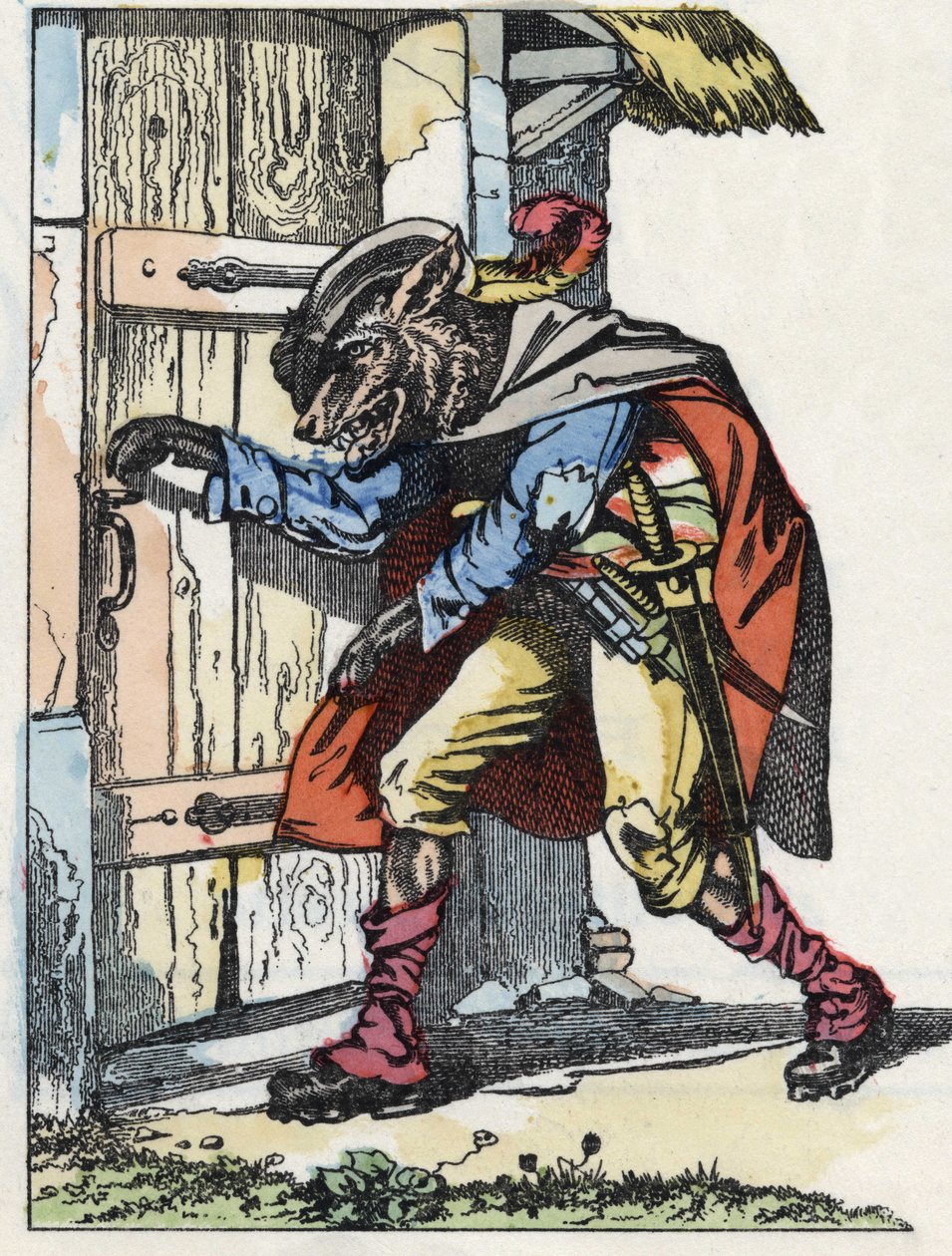 Le loup frappe à la porte de la maison des biquets. Illustration du conte « Compère le Loup, Maître Renard, Commère la Chèvre et ses petits biquets » d
