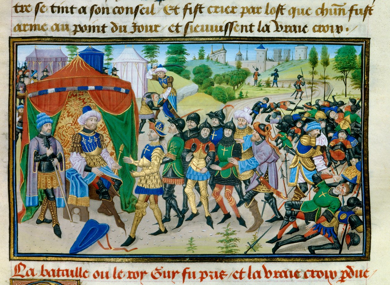 Troisième Croisade : la perte de la Vraie Croix lors de la bataille de Hattin le 4 juillet 1187 (miniature de la « Chronique abrégée » de David Aubert) - Unknown artist