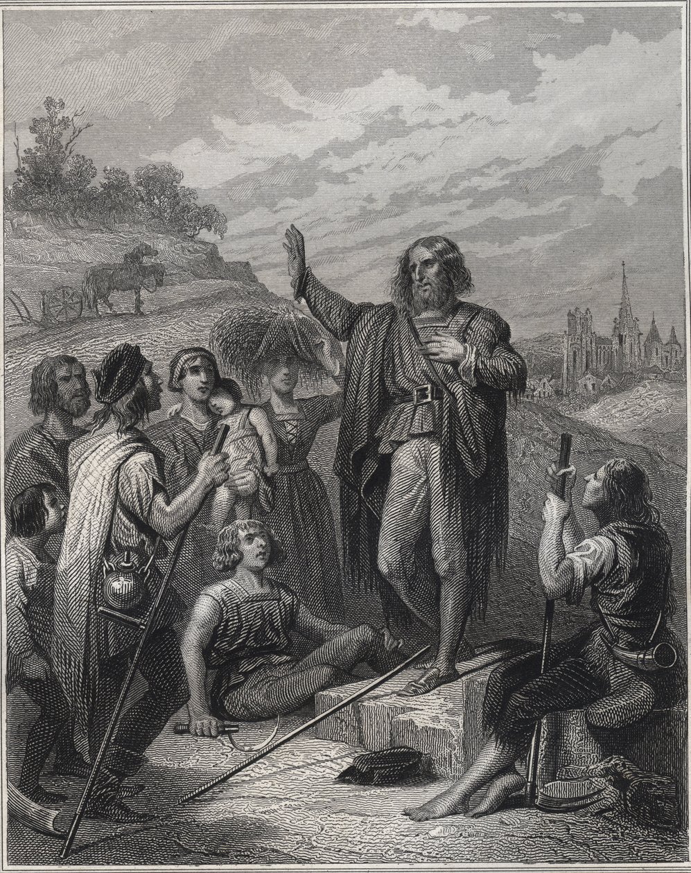 Thomas Müntzer prêchant - Thomas Müntzer (1489-1525) enseignant sa doctrine - Gravure dans "Les Fastes populaires, ou Histoire des actes héroïques du peuple et de son influence sur les sciences, les arts, l