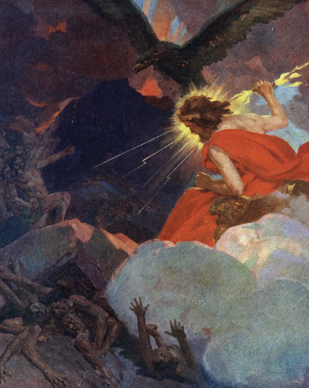 Titanomachie : représentation de Zeus triomphant des titans (Titanomachie ou Titanomachie : Zeus et les Olympiens victorieux des titans) Gravure tirée de "Mes beaux récits mythologiques" par HS Bres, début du 20e siècle collection privée - Unknown Artist