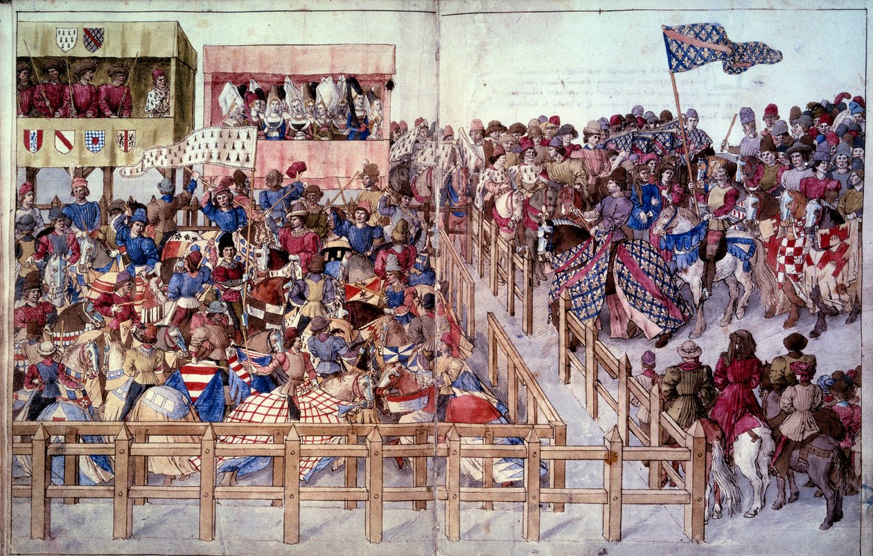 Tournoi : Les chevaliers tournoyants prêtent serment dans la compétition devant les tribunes des seigneurs. Miniature dans « Traité des tournois » - Unknown artist