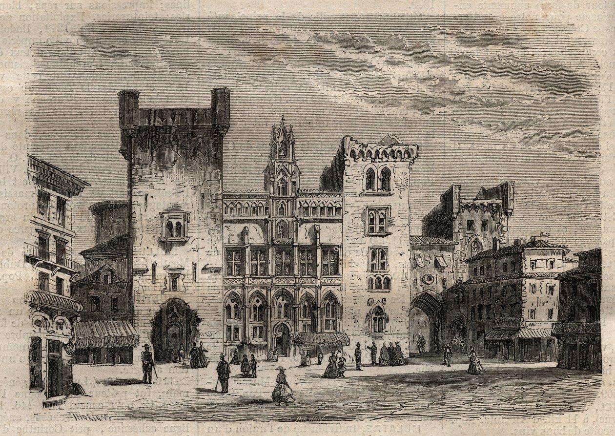 Hôtel de ville de Narbonne - Languedoc-Roussillon-Midi-Pyrénées - France - gravure dans « Dictionnaire populaire illustré » - 1864 - par Joseph Decembre et Edmond Allonier - Unknown artist