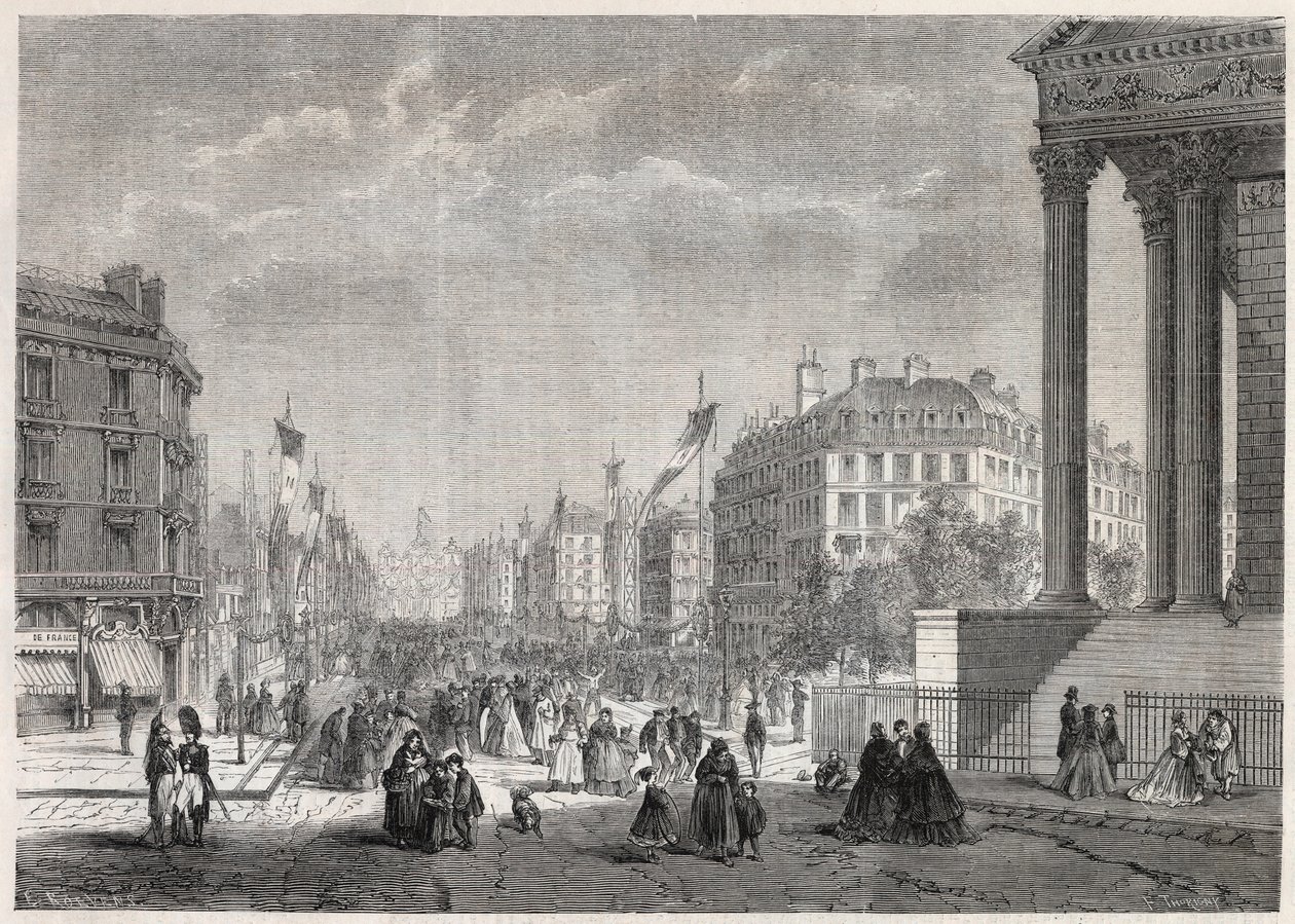 Transformations de Paris sous le Second Empire, Paris Haussmann : décoration du boulevard Malesherbes, le jour de son inauguration le 13 août 1861 - Gravure dans « Le Monde Illustré » - Unknown artist