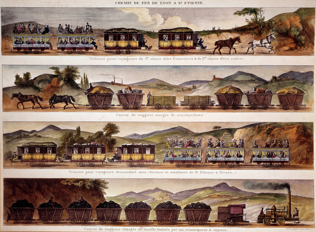 Transport : représentation des trains de marchandises et de passagers de Saint-Étienne à Lyon - Unknown artist