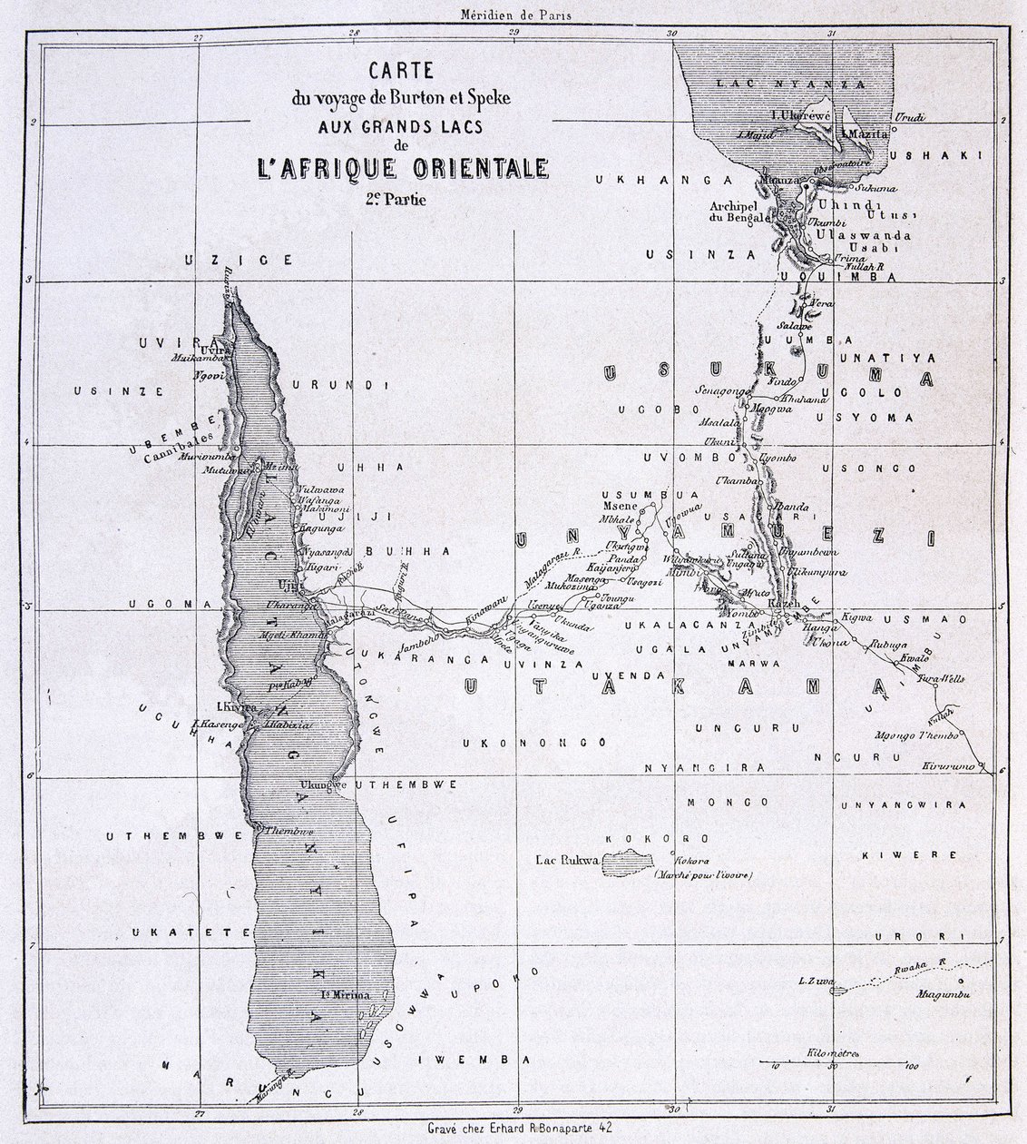 Carte de voyage de Richard Francis Burton, explorateur britannique (1821-1890) et Speke aux Grands Lacs de l