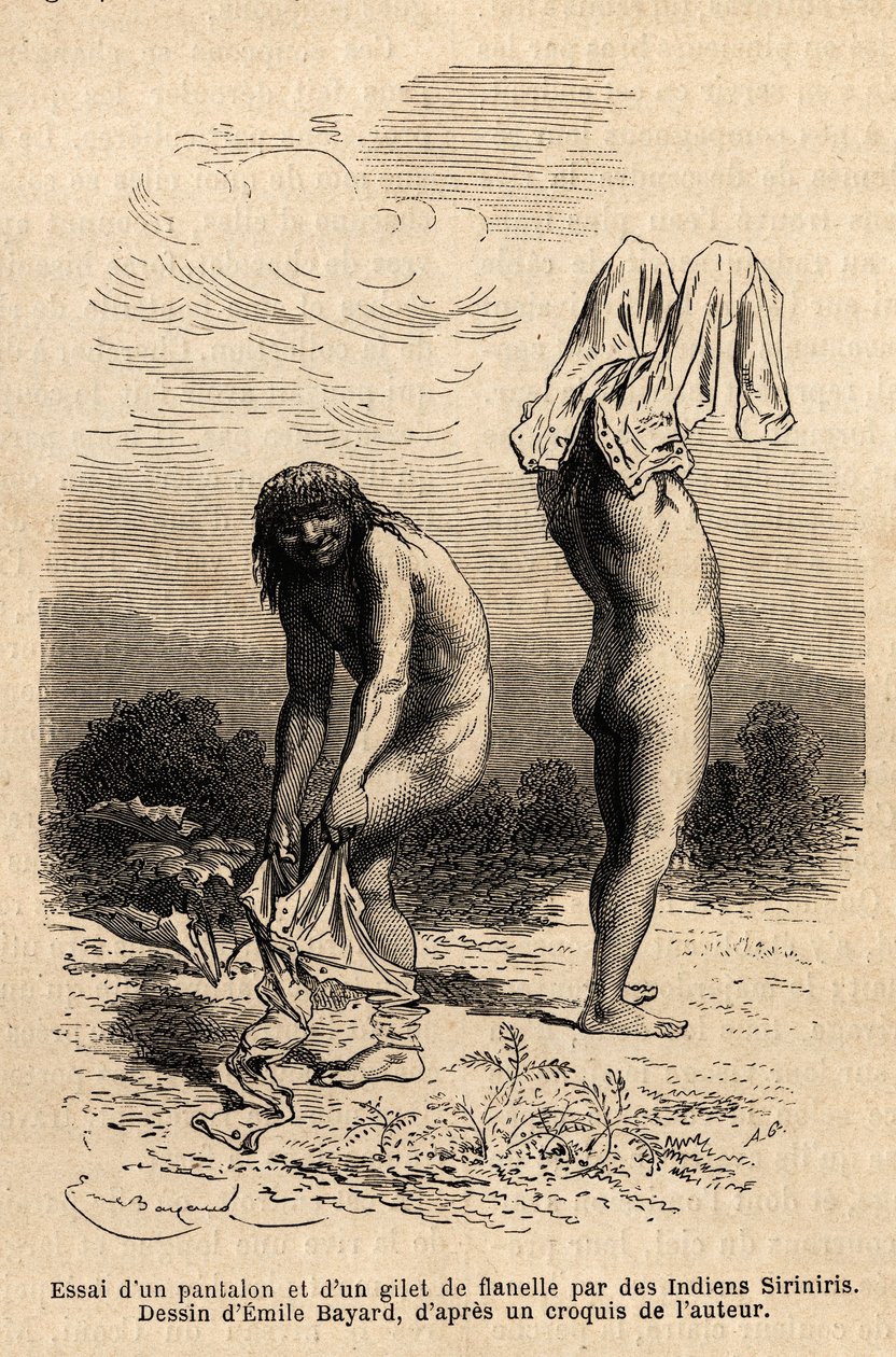 Deux Indiens Siriniris essaient de mettre des pantalons et un gilet, qu
