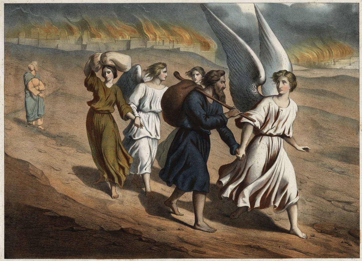 Deux anges guident Loth et ses filles qui doivent quitter la ville de Sodome, qui, comme celle de Gomorrhe, est détruite par Dieu. La femme de Loth qui retourne à la ville malgré l