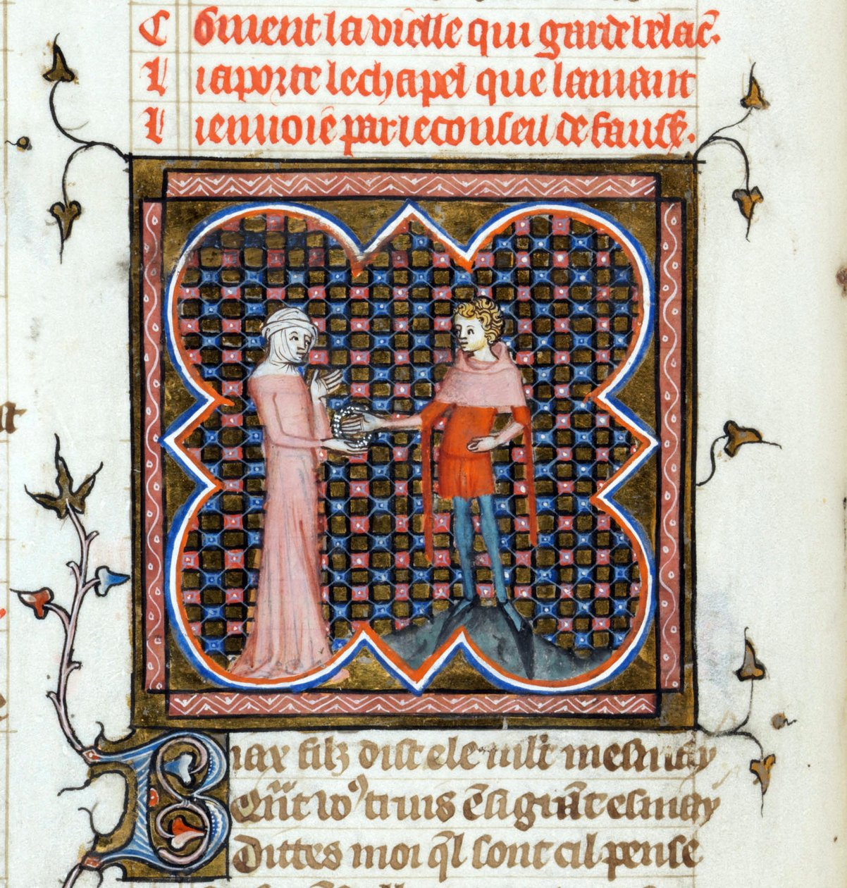 Un jeune homme et une vieille femme - Page enluminée tirée du manuscrit "Le Roman de la Rose" de Guillaume de Lorris et Jean de Meun vers 1353 - Unknown artist