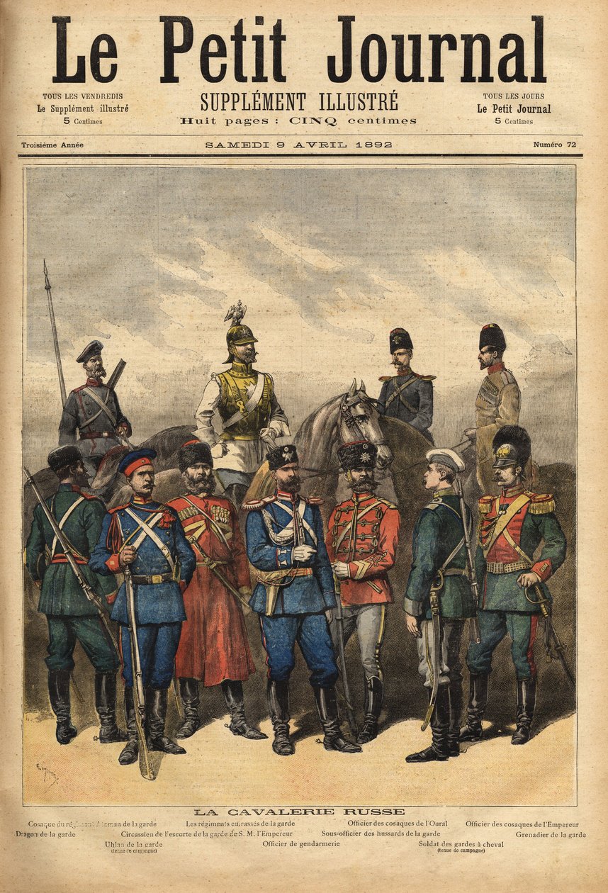 Uniformes de la cavalerie russe, alliée de la France, à cheval de gauche à droite : cosaque du régiment de la Garde, cuirassier du régiment de la Garde, officier des cosaques de l