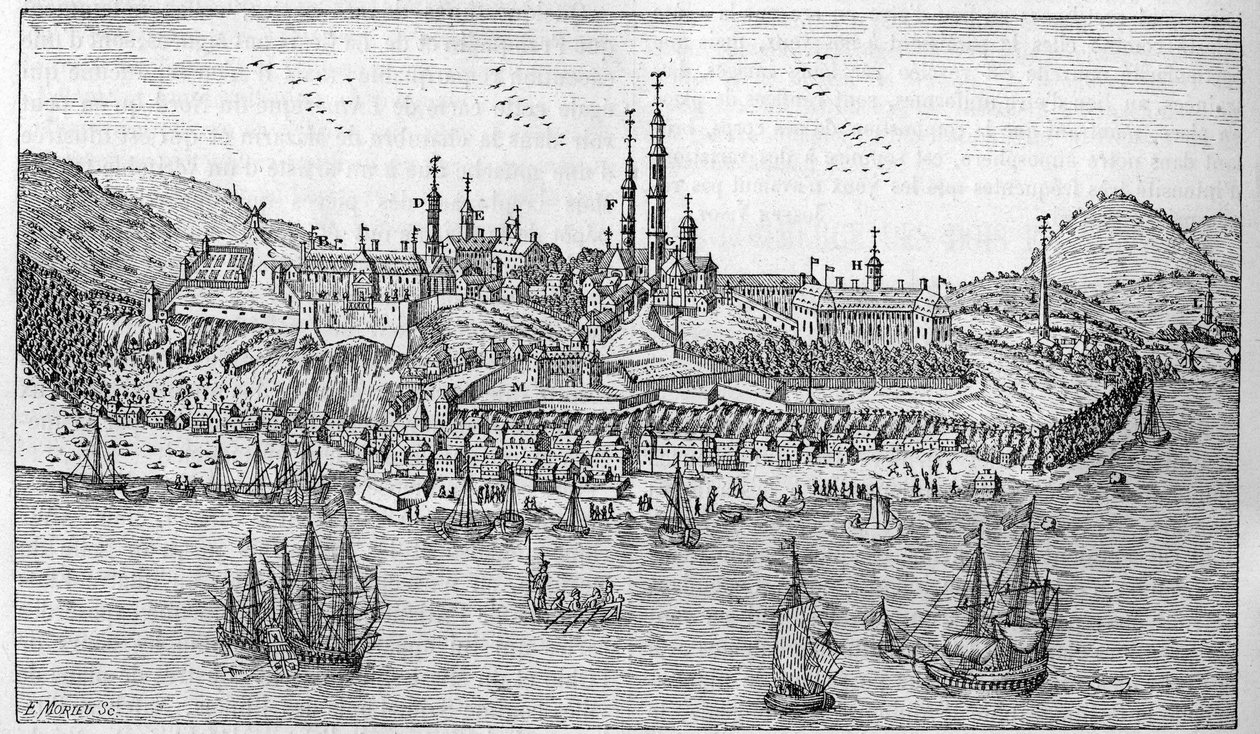 Vue de la ville de Québec au Canada (fin XVIIe siècle) : A. Jardin du fort. B. Le fort. C. Poudrière. D. Les Récollets. E. Ursulines. F. Les Jésuites. G. La cathédrale. H. Le séminaire. I. Hôtel-Dieu. L. Hôpital général. M. L