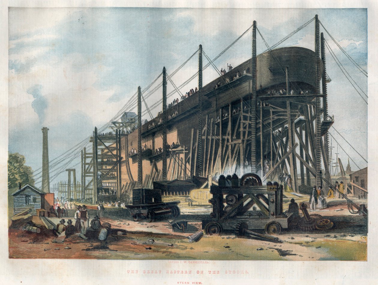 Vue de la poupe du paquebot transatlantique « Great Eastern » (Leviathan) en construction au chantier naval de la Tamise à Londres. Gravure dans « The Illustrated London News » du 7 novembre 1857 - Unknown artist