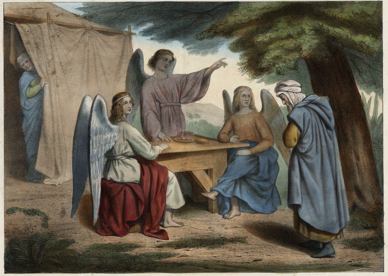 Visite des trois anges à Abraham : Abraham apprend que sa femme Sarah (profonde), déjà très âgée, lui donnera bientôt un fils. Gravure anonyme du milieu du 19ème siècle - Unknown artist