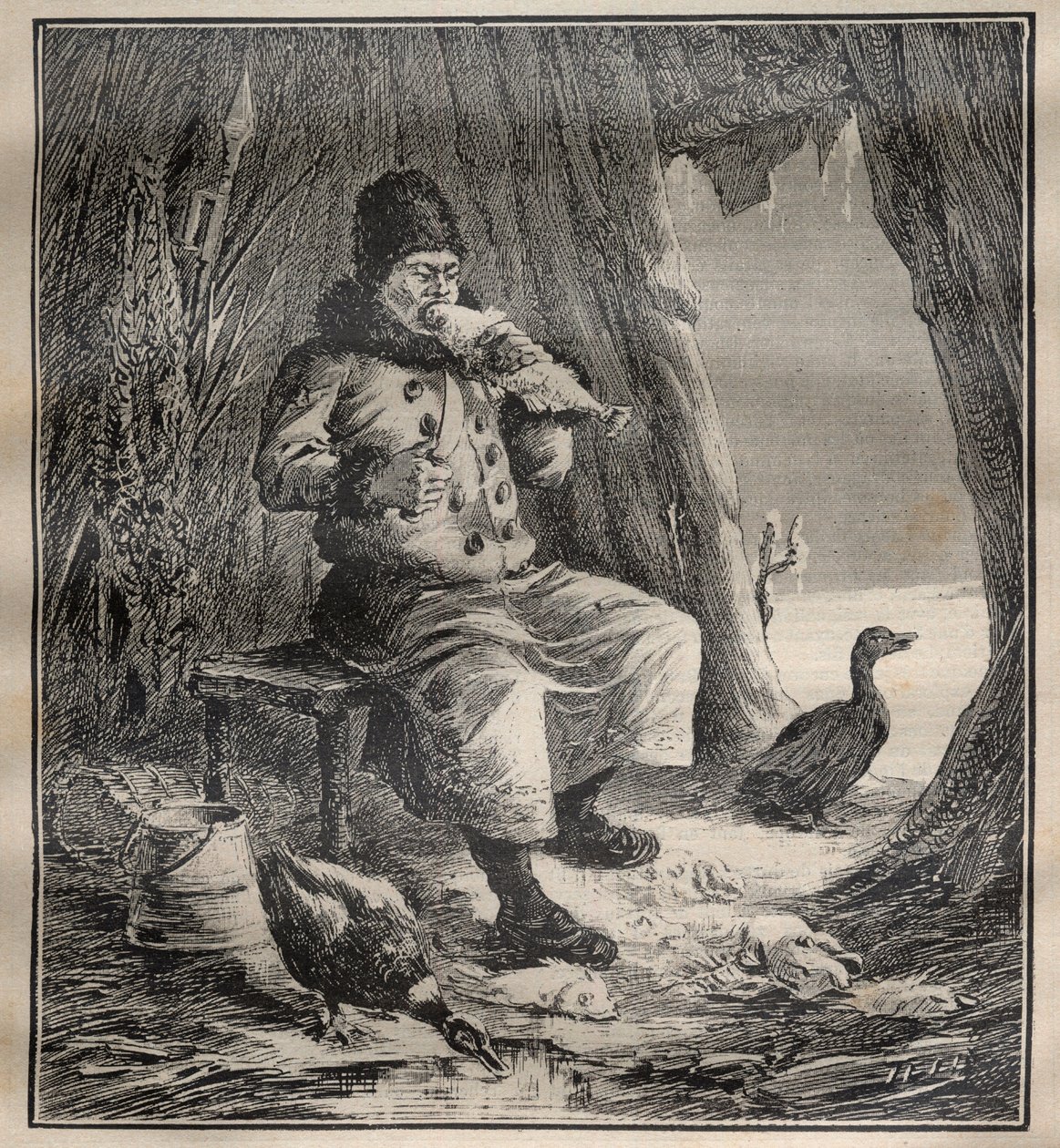 Voyages de Charles Rabot (1856-1944) : Ostiak (Khanty ou Khante) de Sibérie mangeant du poisson - Gravure dans « La Science française » - Unknown artist
