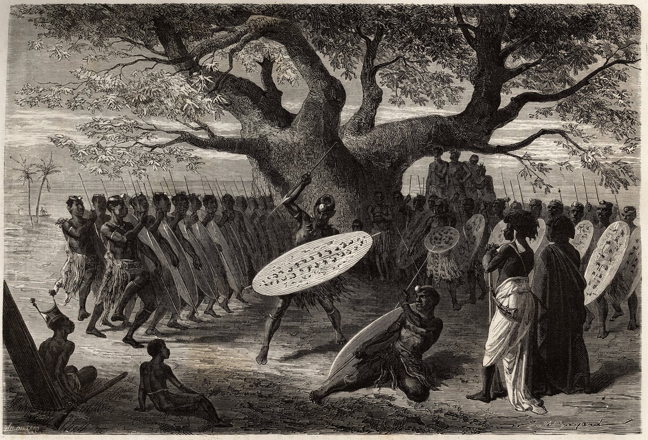 Exercices guerriers des Landines ou caffres-zoulous, à Sena (région du fleuve Zambèze, Mozambique). Gravure pour illustrer les premiers voyages du Dr Livingstone en Afrique australe de 1840 à 1856, dans « Le tour du monde, nouveau journal des voyages » pub - Unknown artist