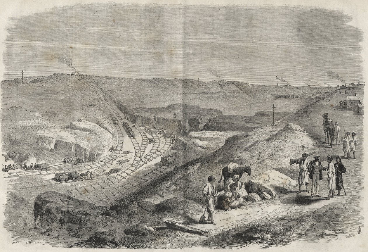 Travaux sur le canal de Suez 1864 - Chantier et travaux de forage sur le canal de Suez en 1864 (Chaluf Tranchée) - Unknown artist