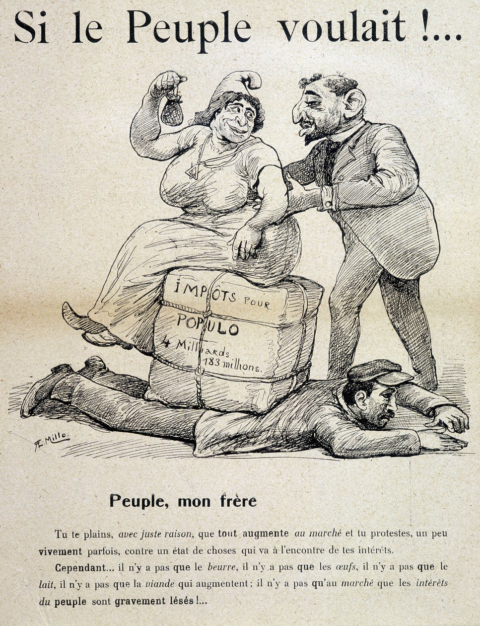 Ouvrier écrasé par « impôts pour le peuple » - caricature, fin XIXe siècle - Unknown artist