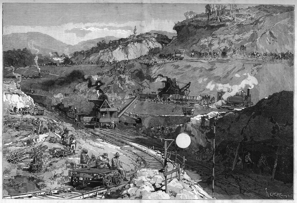Ouvrier sur le chantier de tranchée à Bas Obispo pour la construction du canal de Panama. Gravure dans "Le Monde Illustré" - Unknown artist