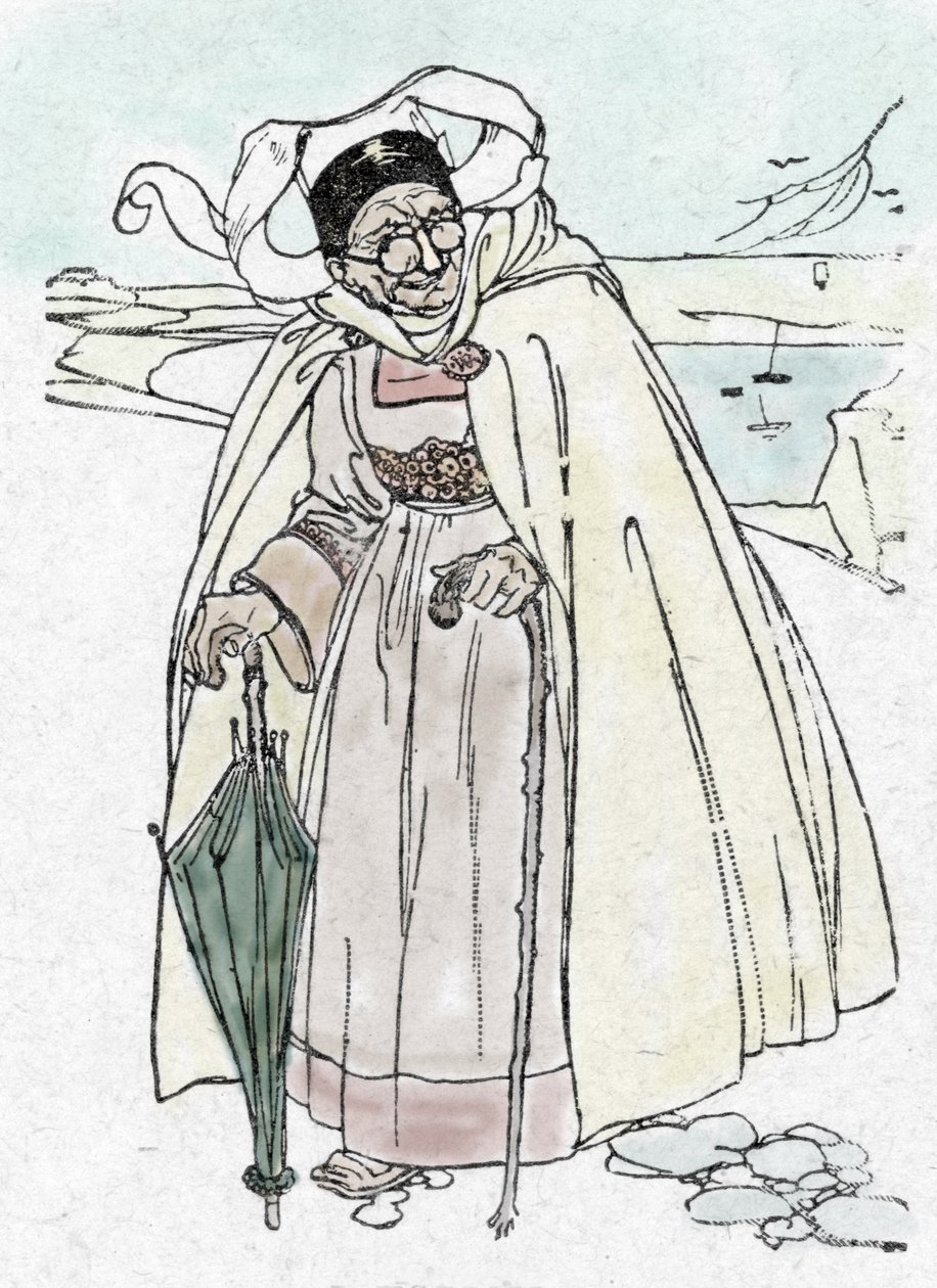 Première Guerre mondiale : un espion allemand déguisé en vieille femme de la Vendée, avec un télescope en forme de parapluie et une canne, qui prend des photos. - Unknown Artist