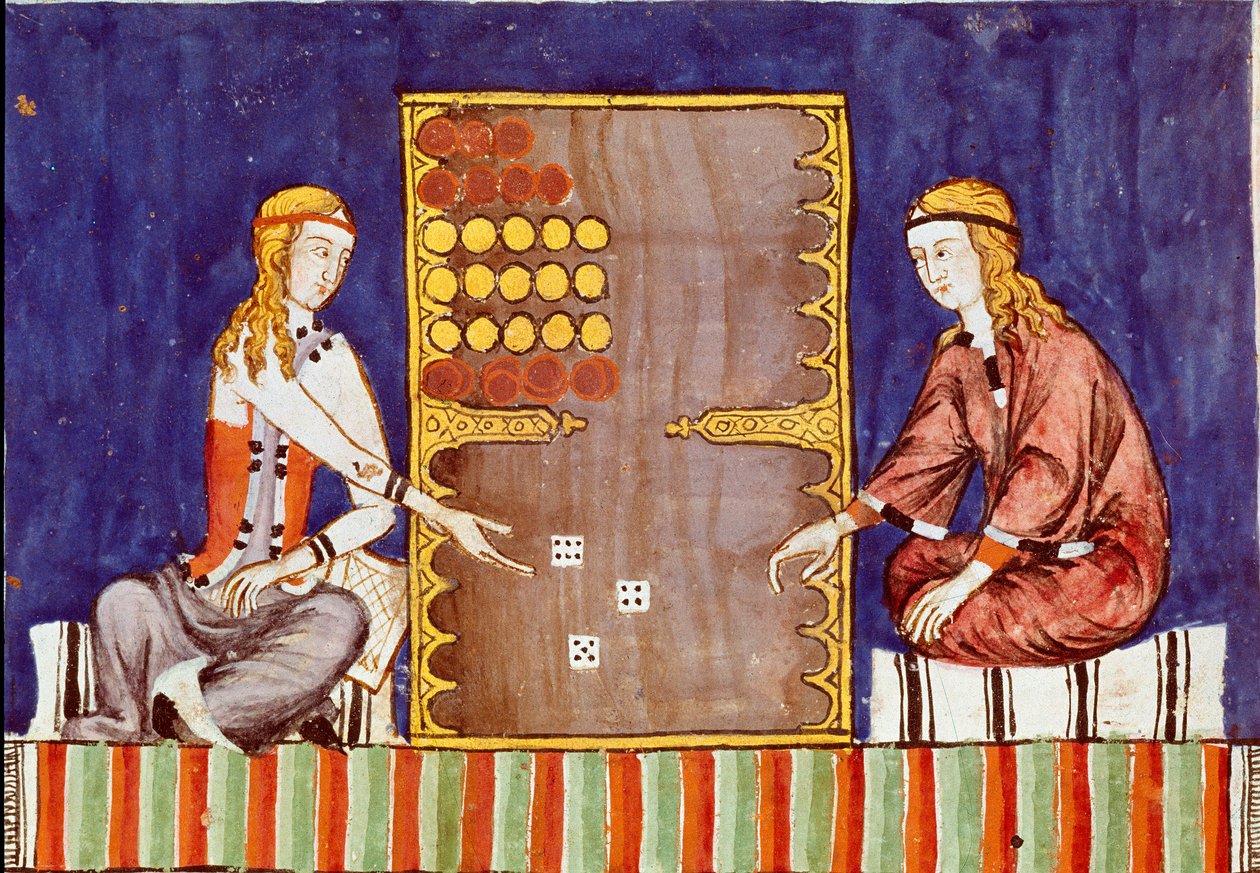 Jeunes femmes jouant au tric trac (tri-trac), ancêtre du backgammon - Miniature du manuscrit Libro de los juegos par Alphonse X le Sage (en espagnol, Alfonso X el Sabio) - Unknown artist