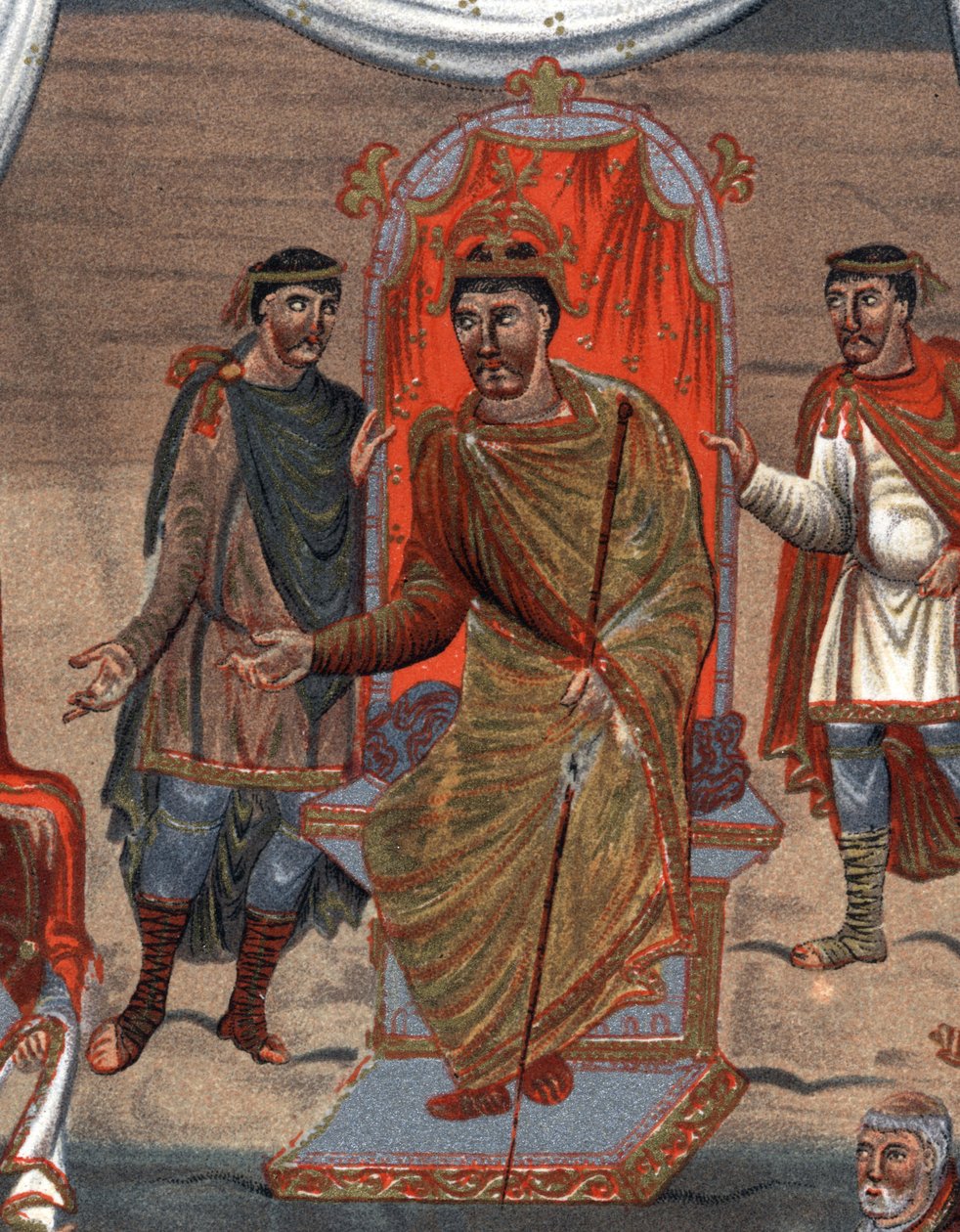 (détail) : Charles II le Chauve (823 - 877), Roi de France recevant une délégation de moines de Tours. Fac-similé en chromolithographie du XIXe siècle d