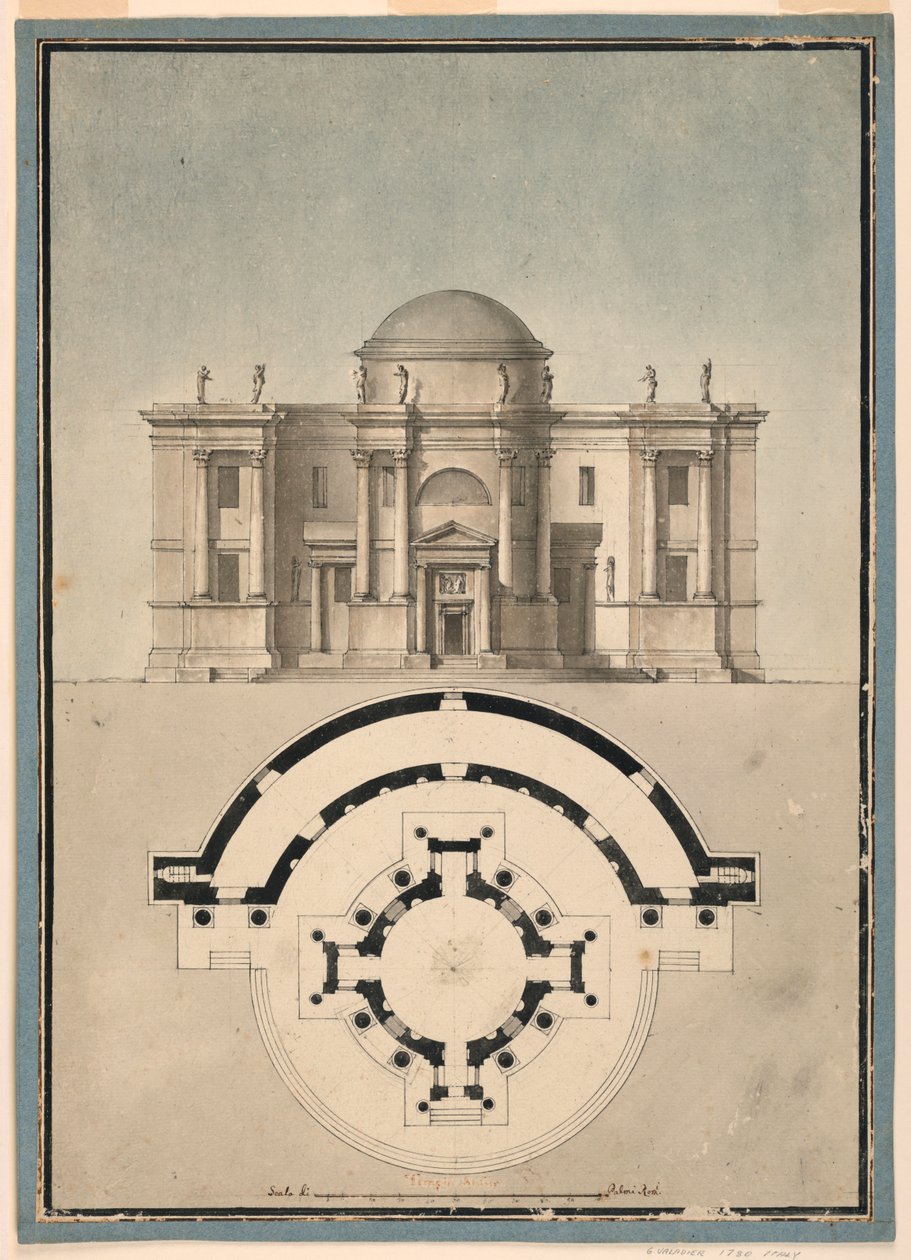 Conception pour un temple classique avec un tempietto et une aedicule semi-circulaire - Unknown, Italian