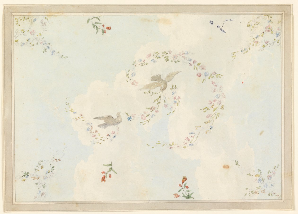 Dessin, décor de plafond avec colombes et guirlandes de fleurs, peut-être pour le hall d