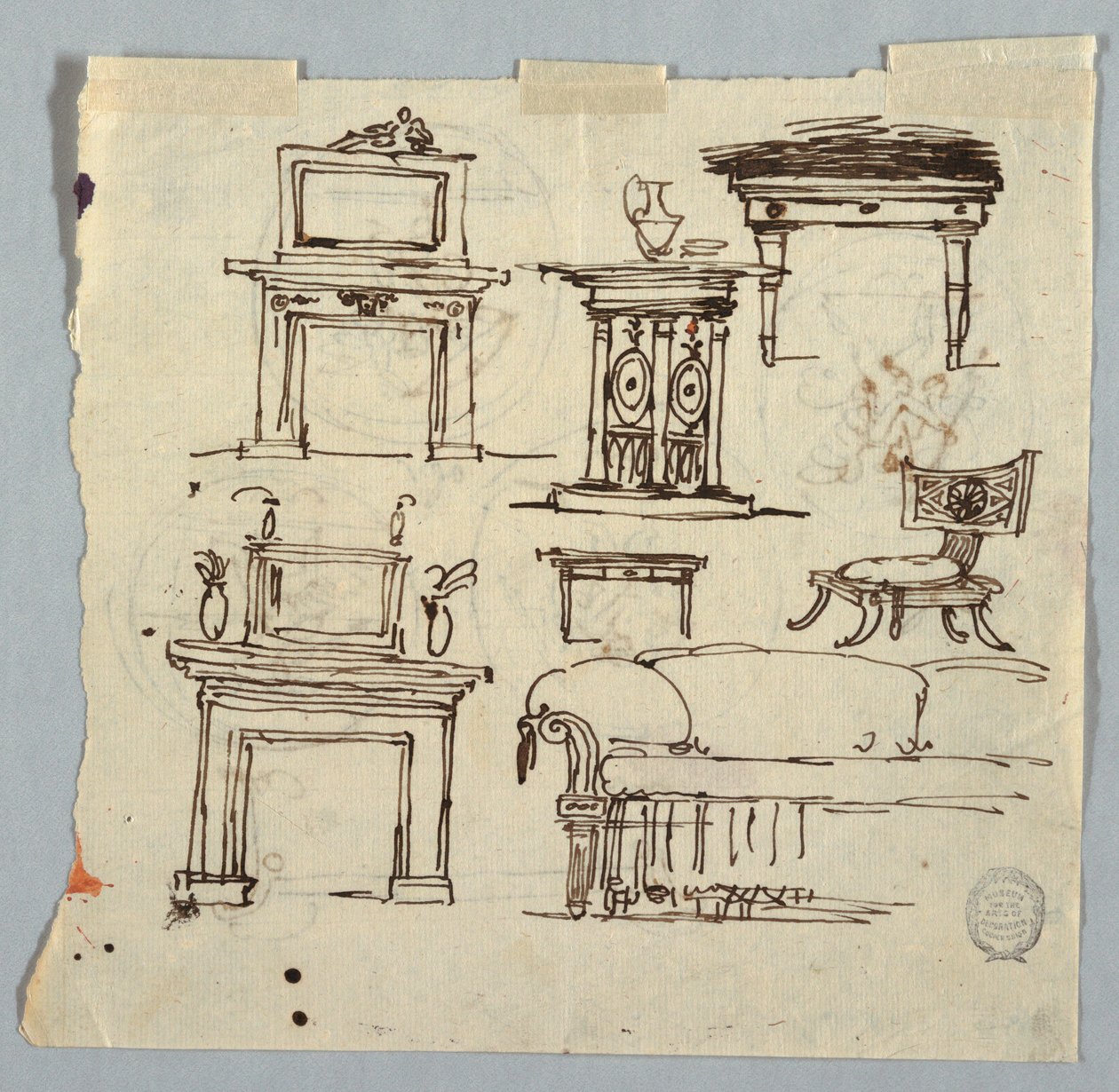 Dessin, pièces de cheminée, meubles et médaillon de plafond, 1790-1810 - Unknown artistUnknown artist