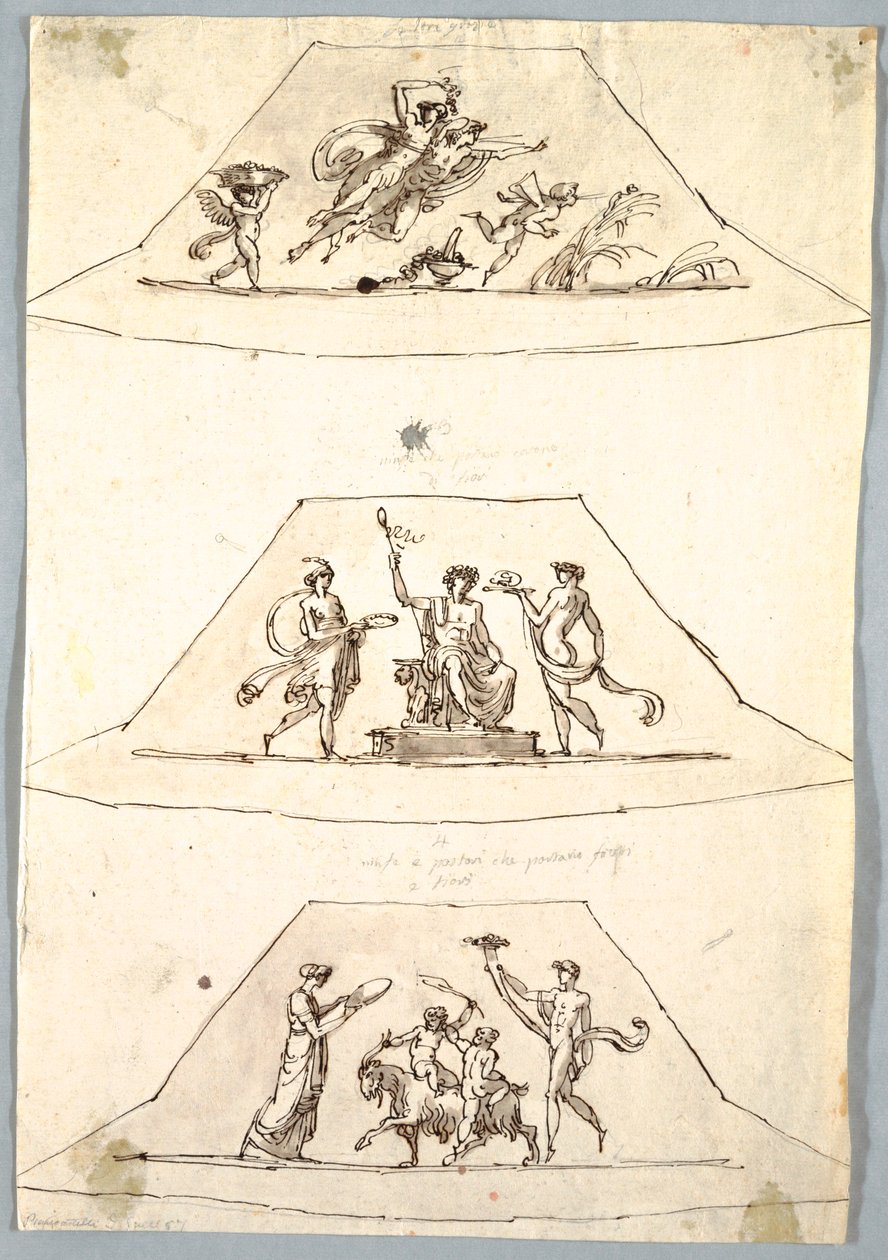 Dessin, projet décoratif : Trois trapèzes avec Flora et Zefiro, vers 1815 - Unknown artistUnknown artist