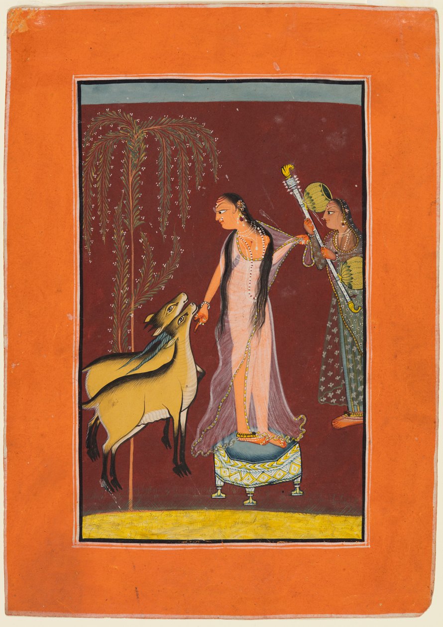 Une dame avec une servante et une paire de cerfs : probablement Gujari Ragini de Dipak, d