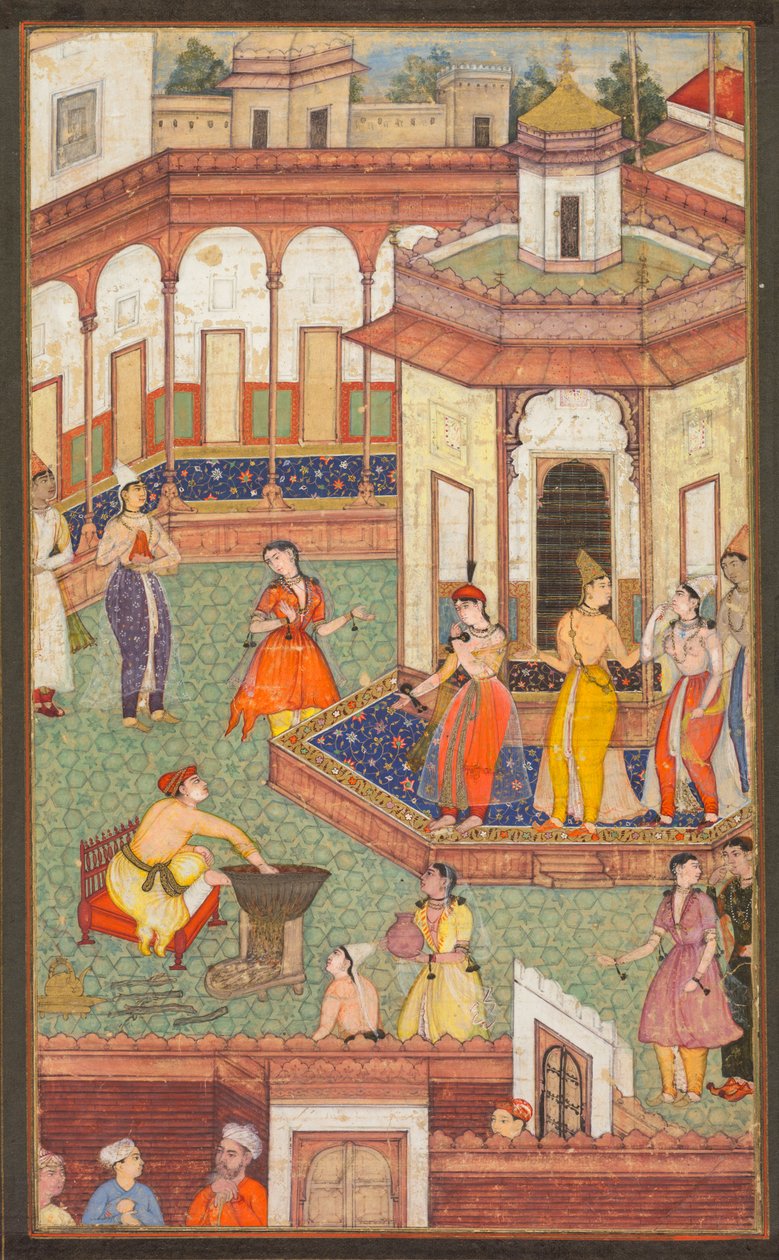 Un homme plonge sa main dans un chaudron tandis que les dames du harem sont émerveillées : Une page d