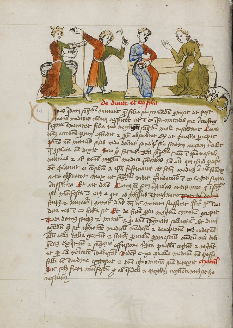 Un homme debout devant une femme couronnée et deux femmes en conversation - Unknown artist