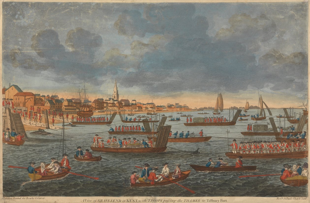 Vue de Gravesend dans le Kent, avec des troupes traversant la Tamise vers Tilbury Fort - Unknown artist