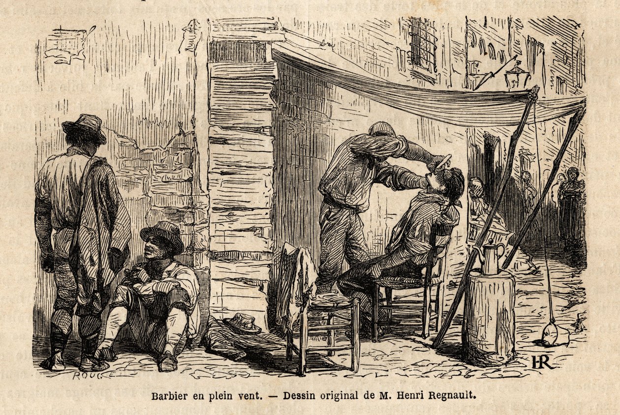 Un barbier dans le vent dans les rues de Rome. Gravure pour illustrer le voyage à Rome, par Francis Wey, 1864-1868, publié dans « Le tour du monde, nouveau journal des voyages », sous la direction d