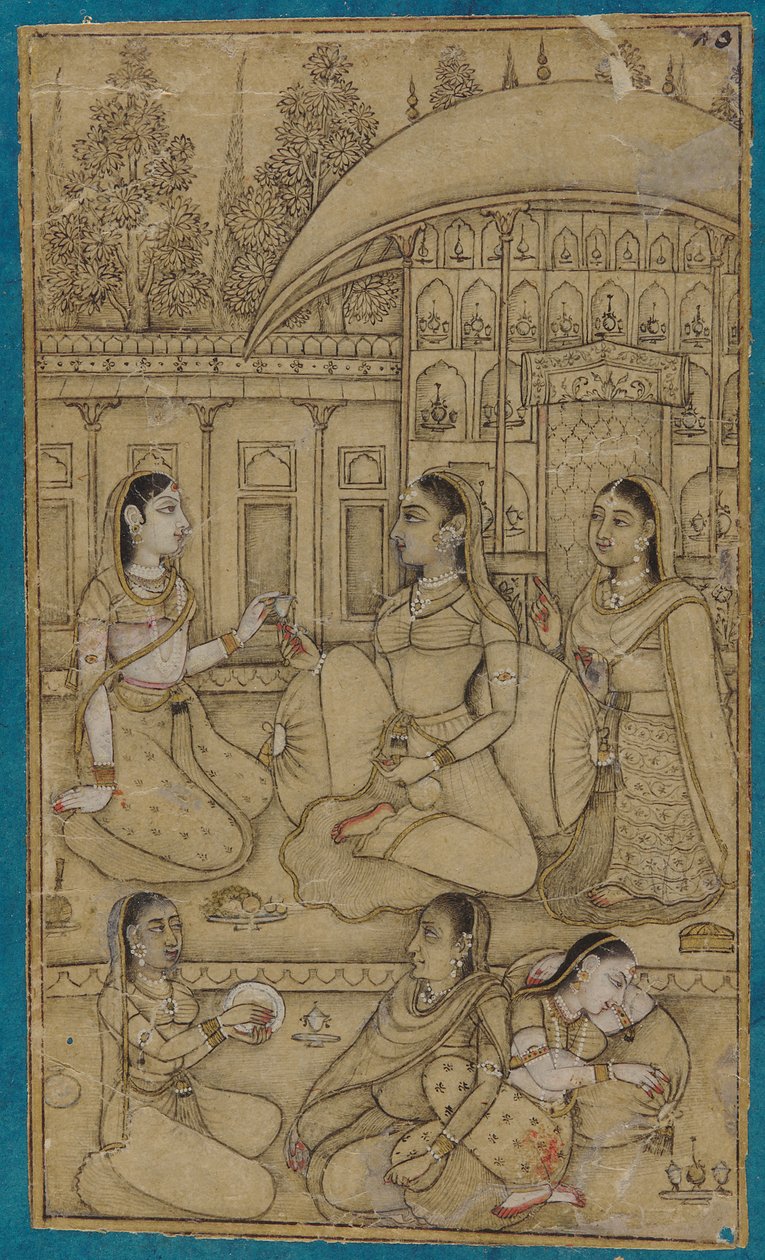 Une dame et ses serviteurs assis dans une cour - Unknown artist