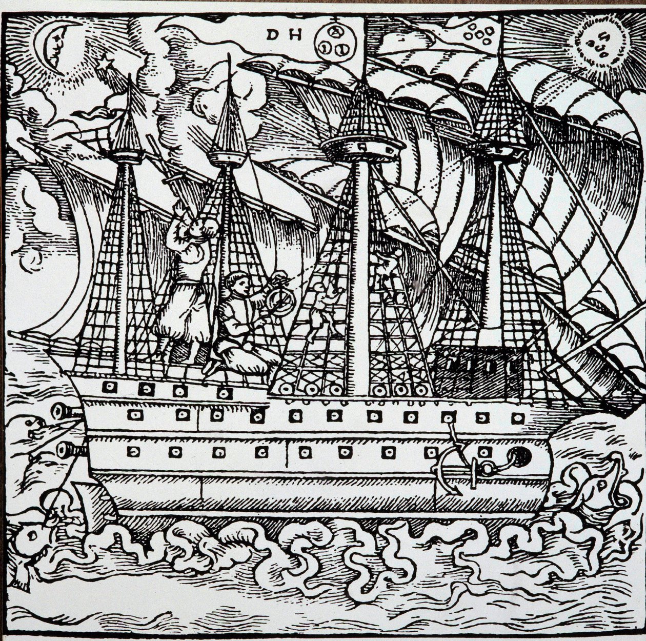 Un navigateur sur une caravelle portugaise utilisant un astrolabe - Unknown artist