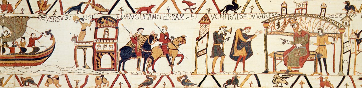 Une scène de la tapisserie de Bayeux représentant le roi Édouard parlant avec Harold - Unknown artist