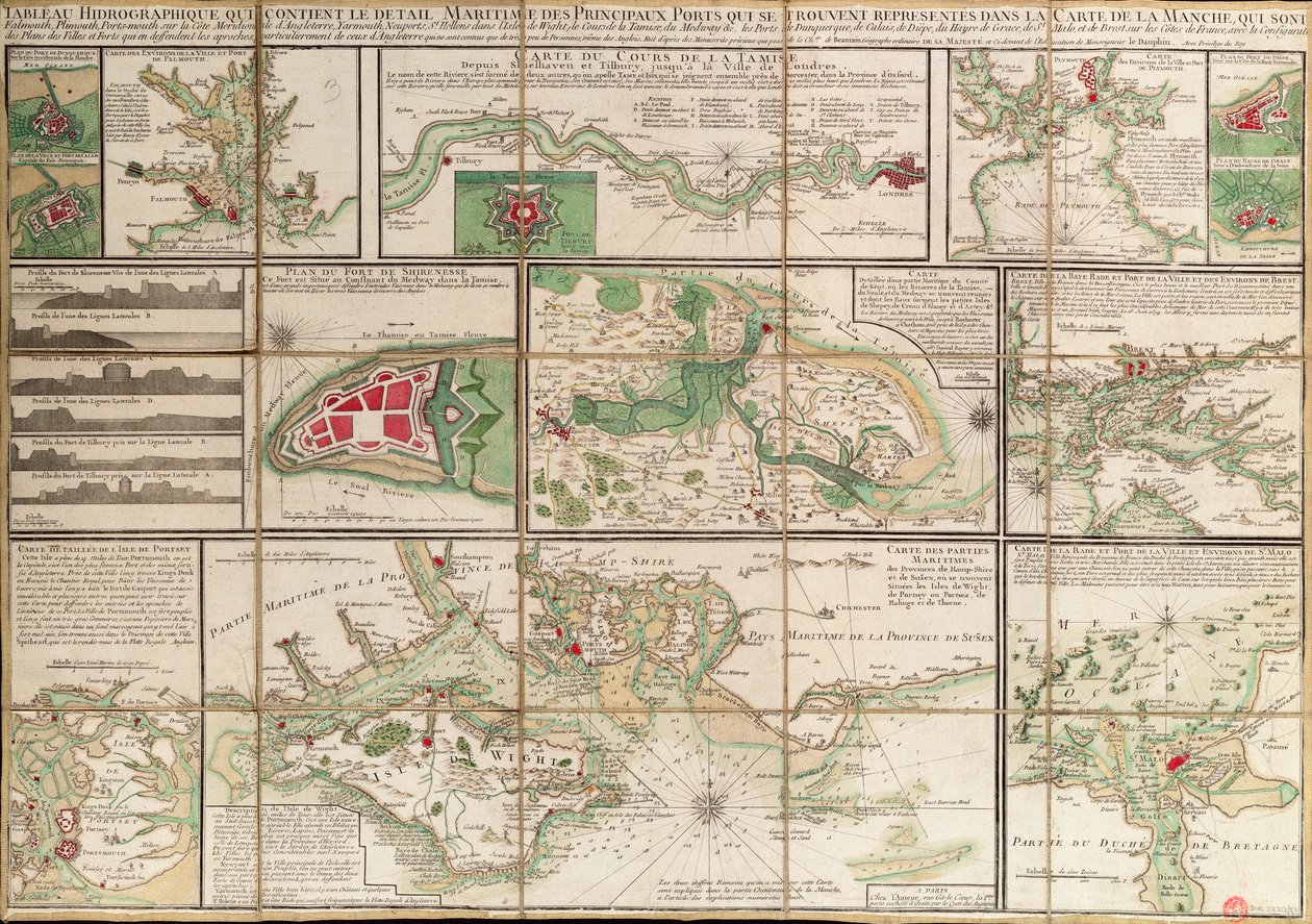 Tableau contenant les détails des principaux ports maritimes représentés sur la carte de la Manche, vers 1780 - Unknown artist