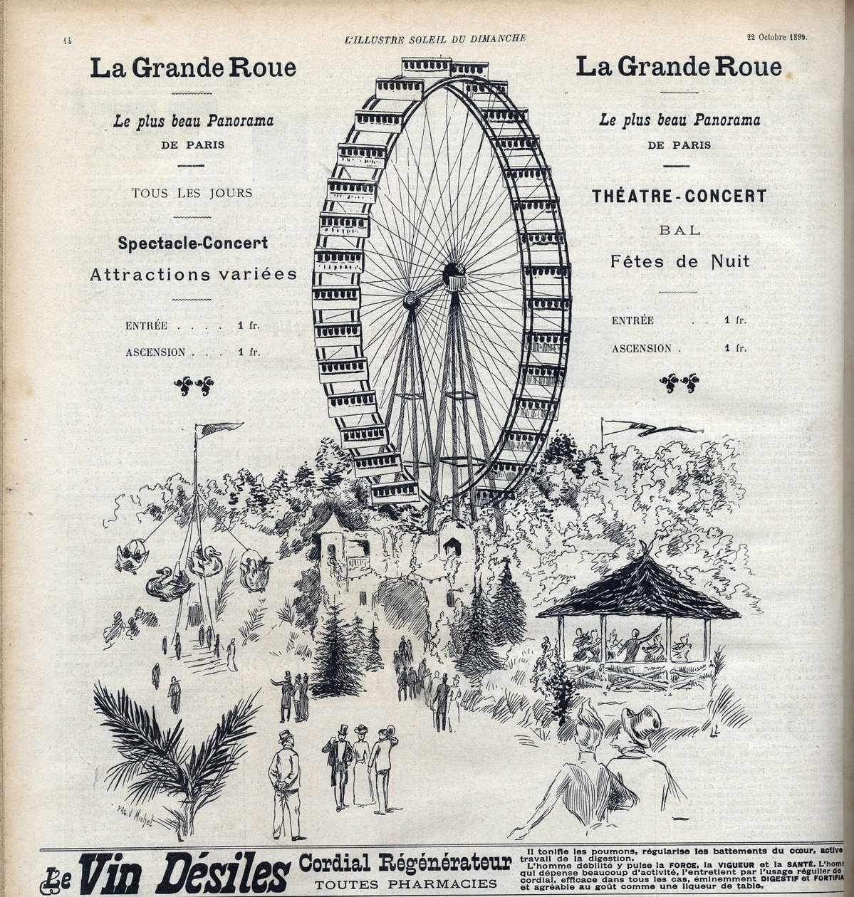 Publicité pour la Grande Roue à Paris offrant le plus beau panorama de la ville pour 1 franc. Gravure dans « Le soleil-du-dimanche » - Unknown artist