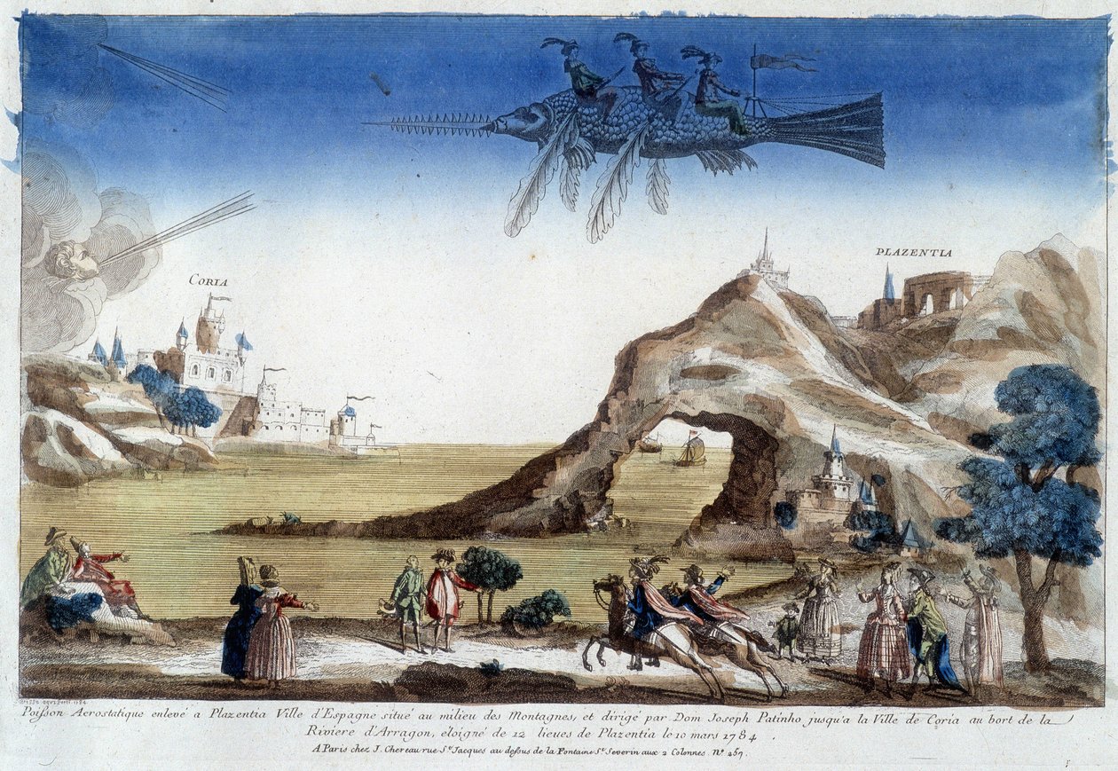 Poisson aérostatique élevé à Plazentia, Espagne, dirigé par Dom Joseph Patinho, volant vers la ville de Coria sur les rives de la rivière Arragon (12 lieues de Plazentia) le 10 mars - Unknown artist