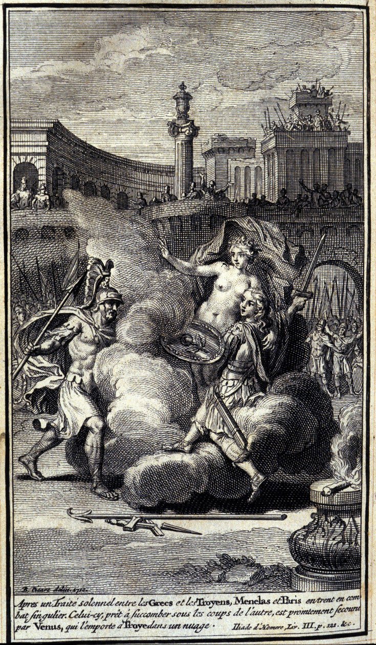 Après un accord solennel entre les Grecs et les Troyens, Ménélas et Paris entrent en combat singulier. Celui-ci, prêt à succomber sous les coups de l